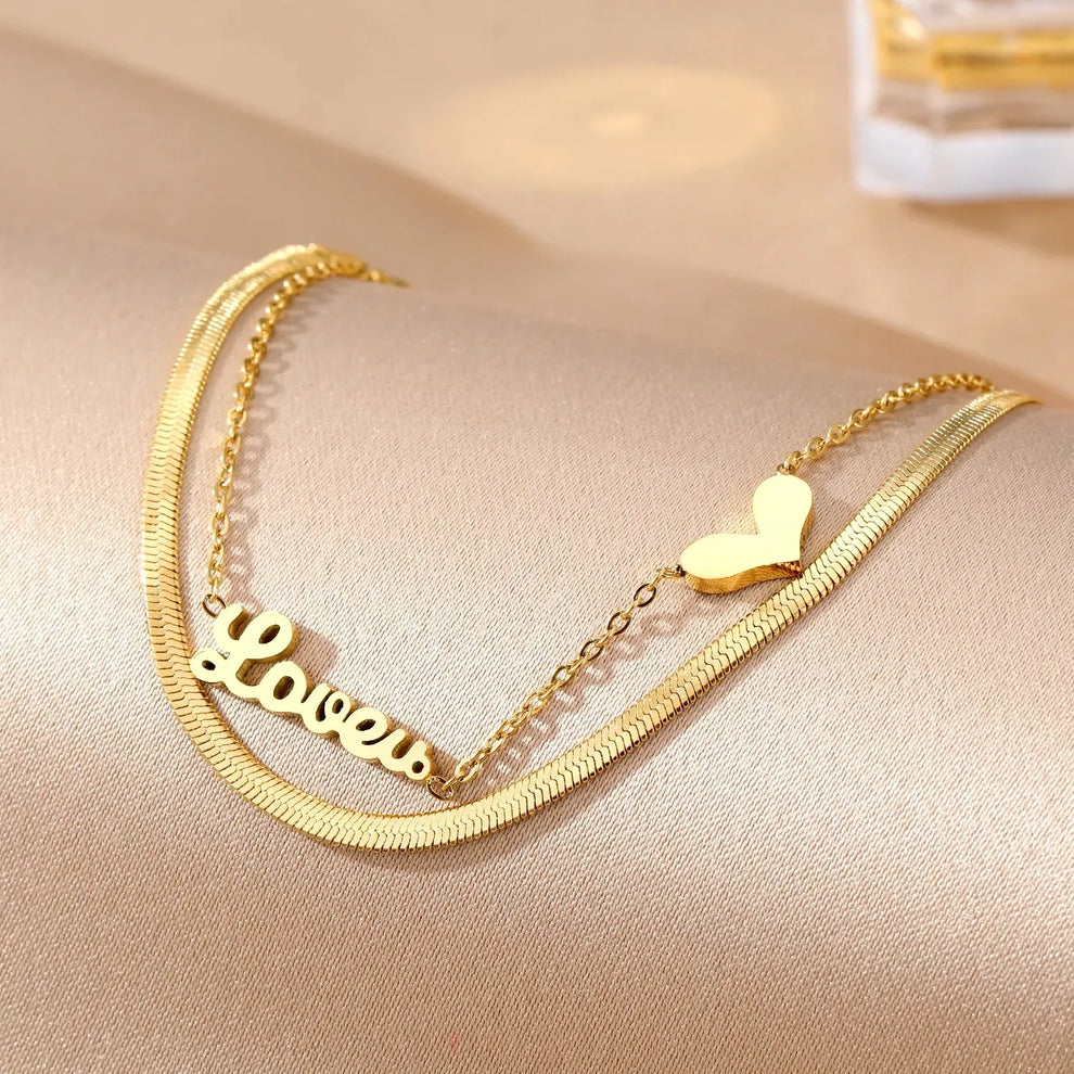 Double Layer Snake Chain Love Charm Bracelet