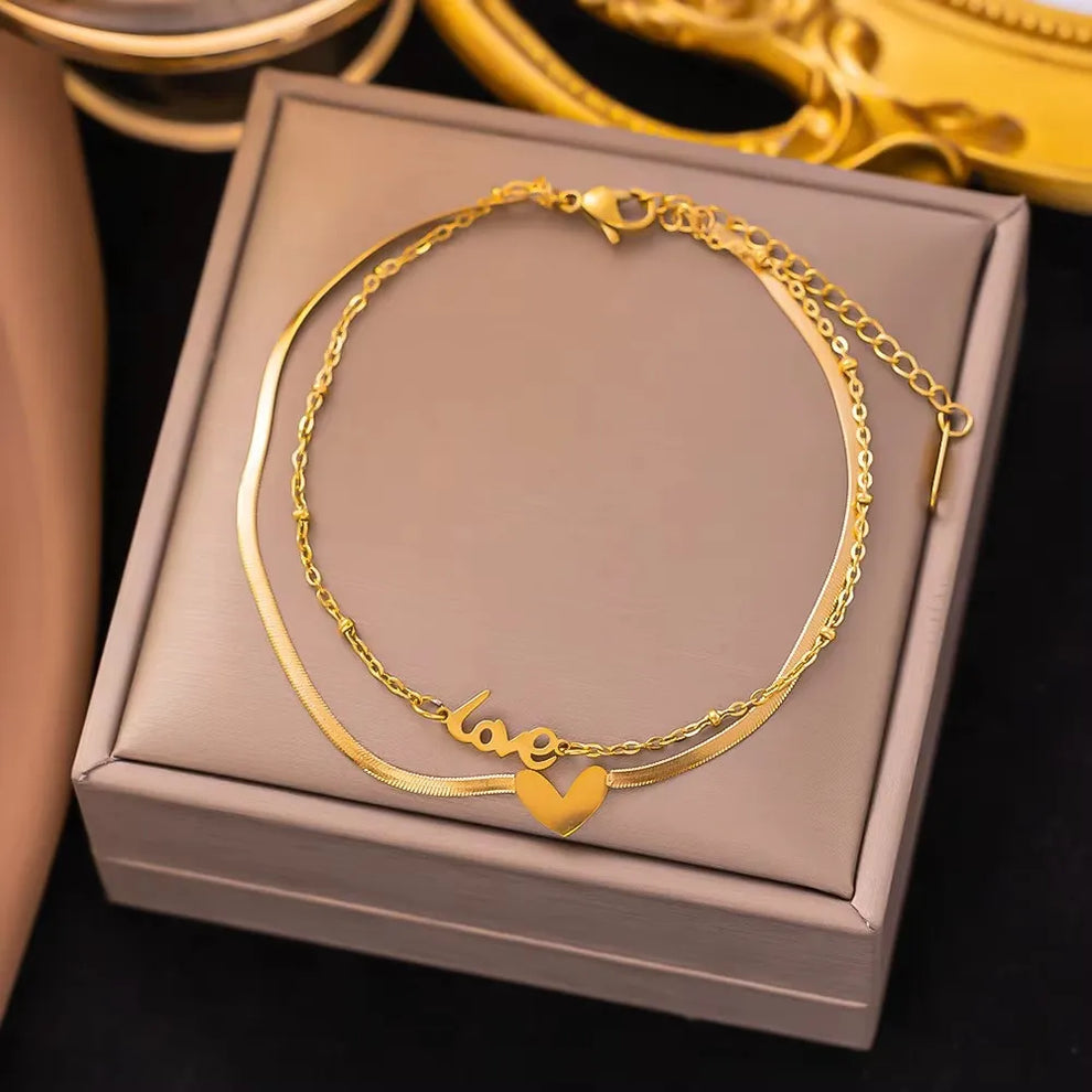 Double Layer Snake Chain Love Charm Bracelet